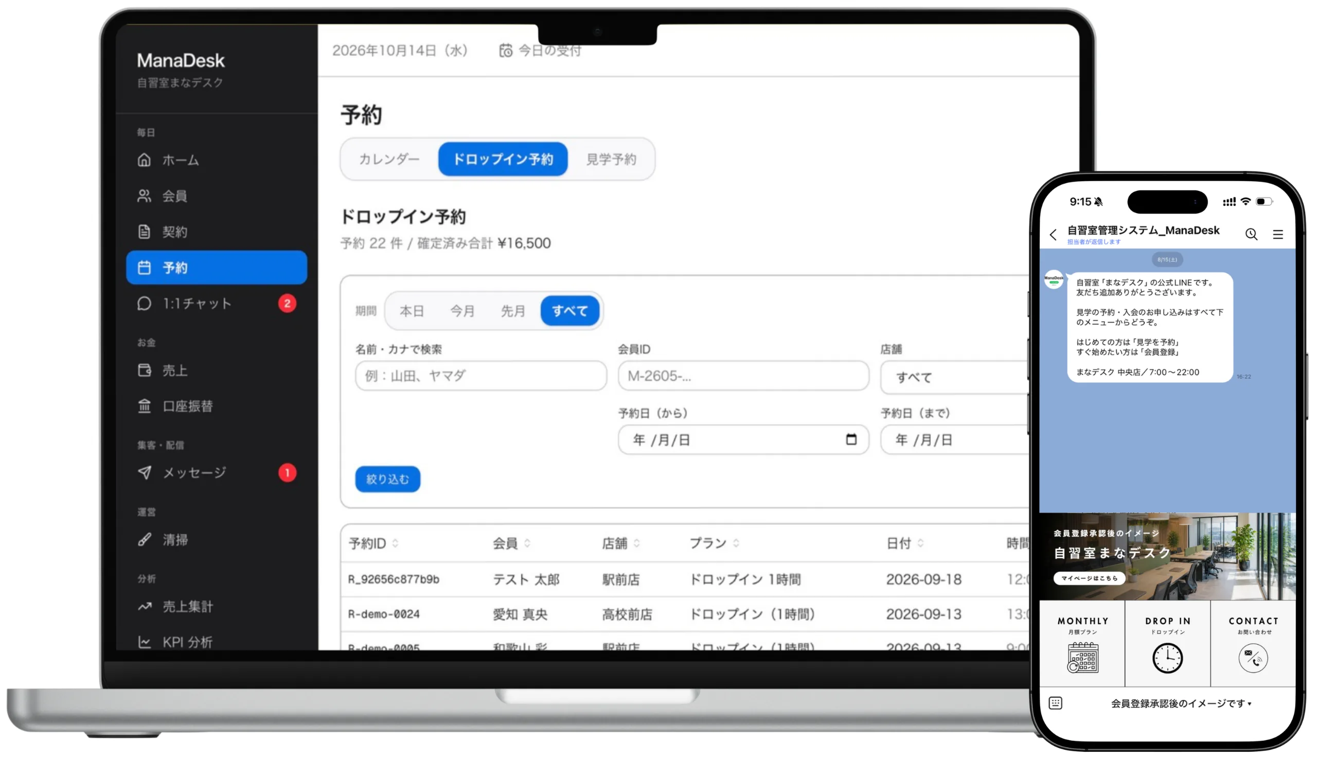 ManaDeskの管理画面（ノートPC）と、会員のLINE画面（スマホ）